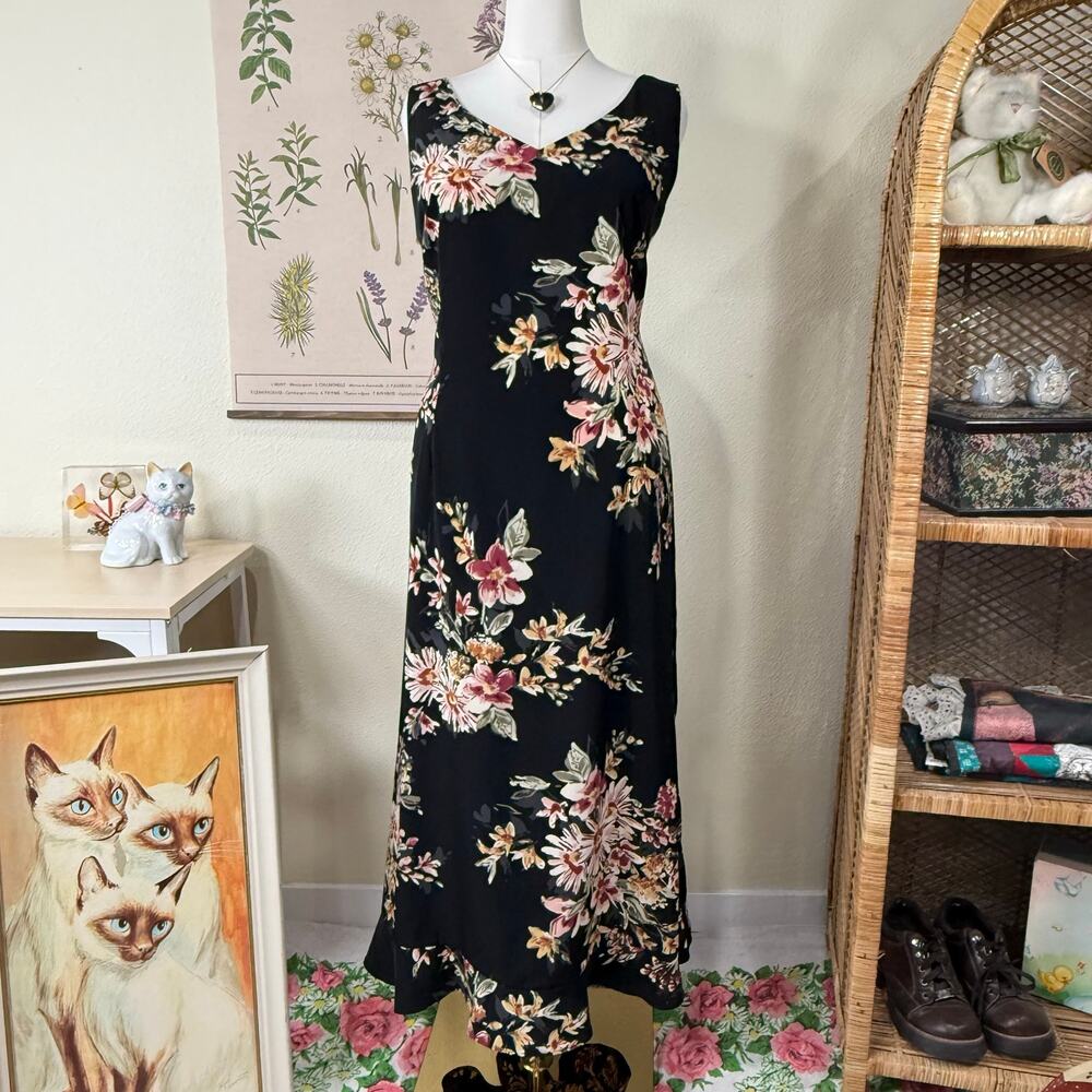 Vintage 90s Y2k Floral Maxi Dress Dark Fairy Romantic Coquette Cottage XL 16